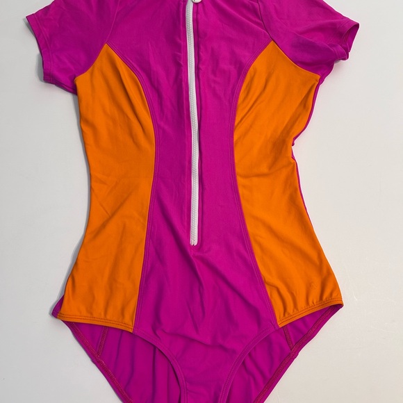 Next by‎ Athena  Pink /Orange Short Sleeve Zip Up one piece Swimsuit  Large - Picture 1 of 12